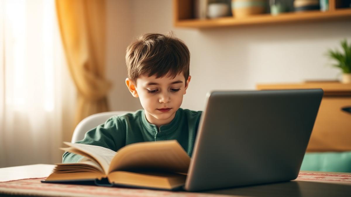 A young child reading the Quran beside a laptop at home