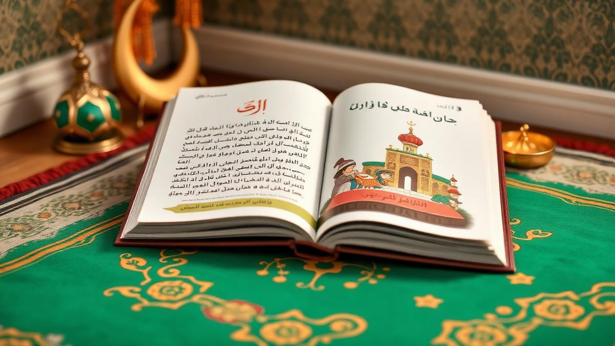 An illustrated Islamic studies book for children on a prayer mat