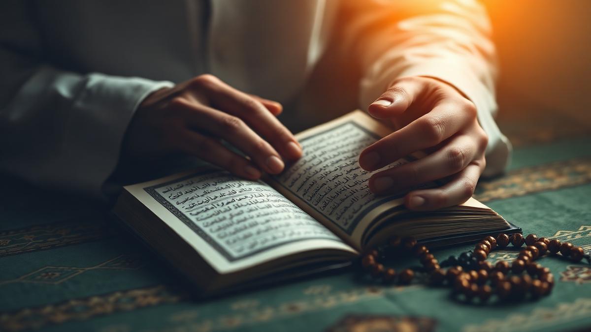 Hands holding an open Quran with prayer beads nearby