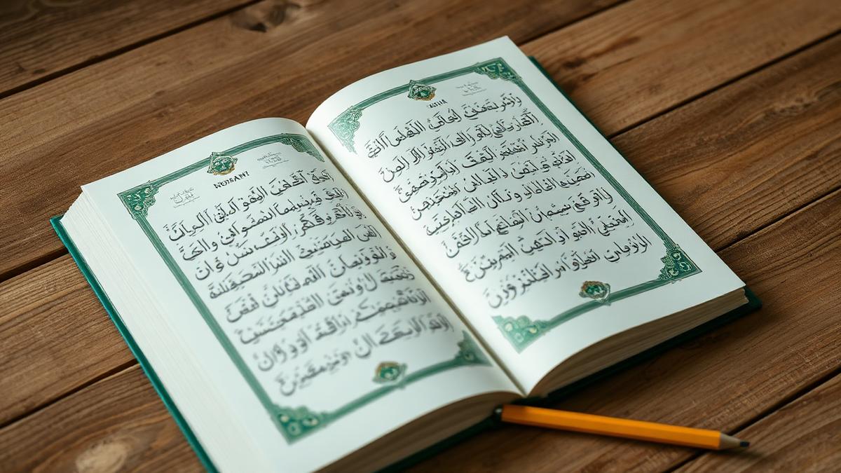 An open Noorani Qaida primer with Arabic letters on a wooden table