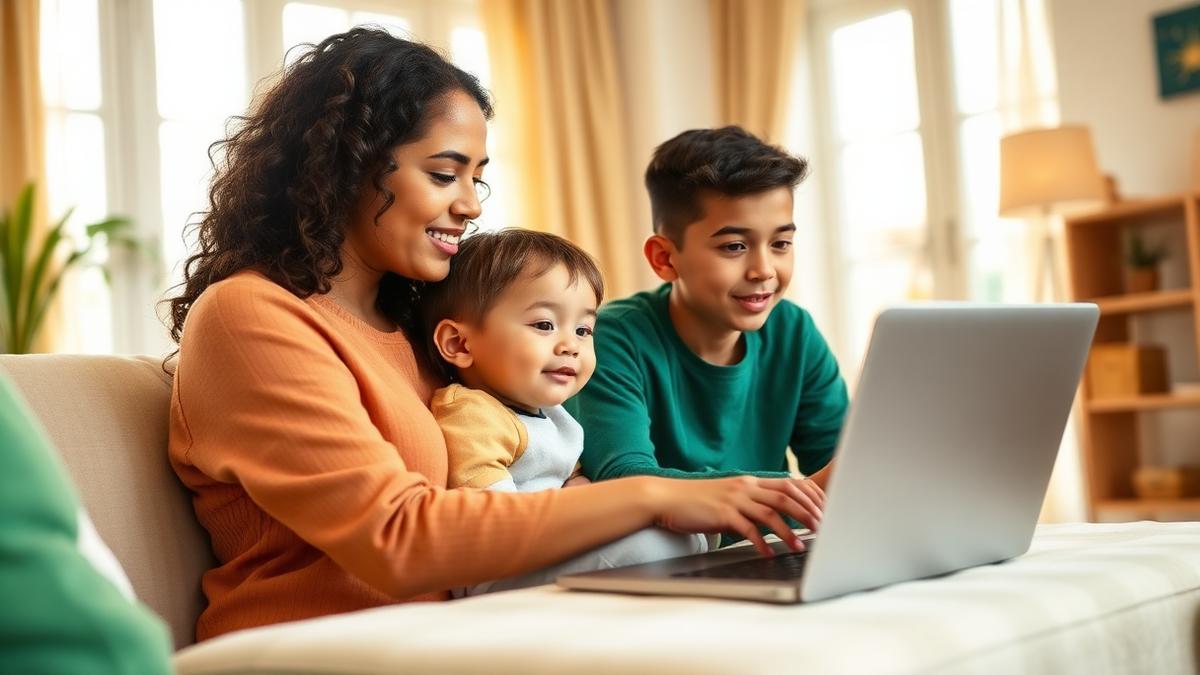 A parent supervising a child's online class in a bright living room