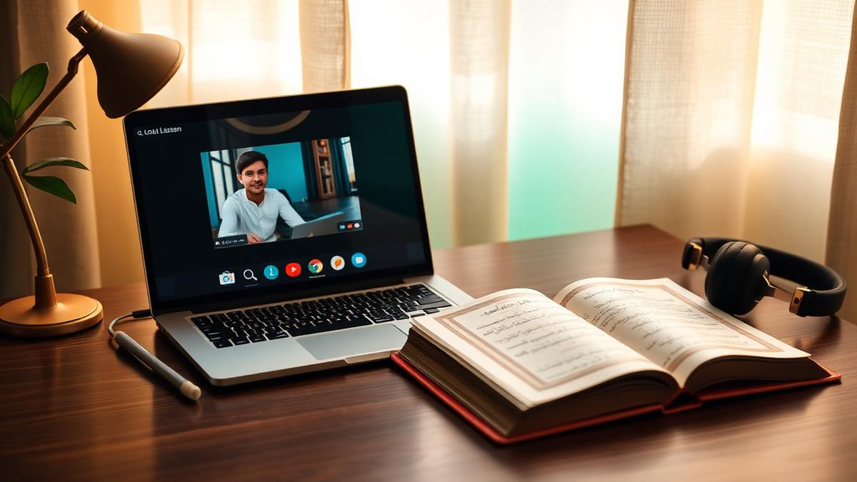 A laptop showing an online lesson beside an open Quran and headphones