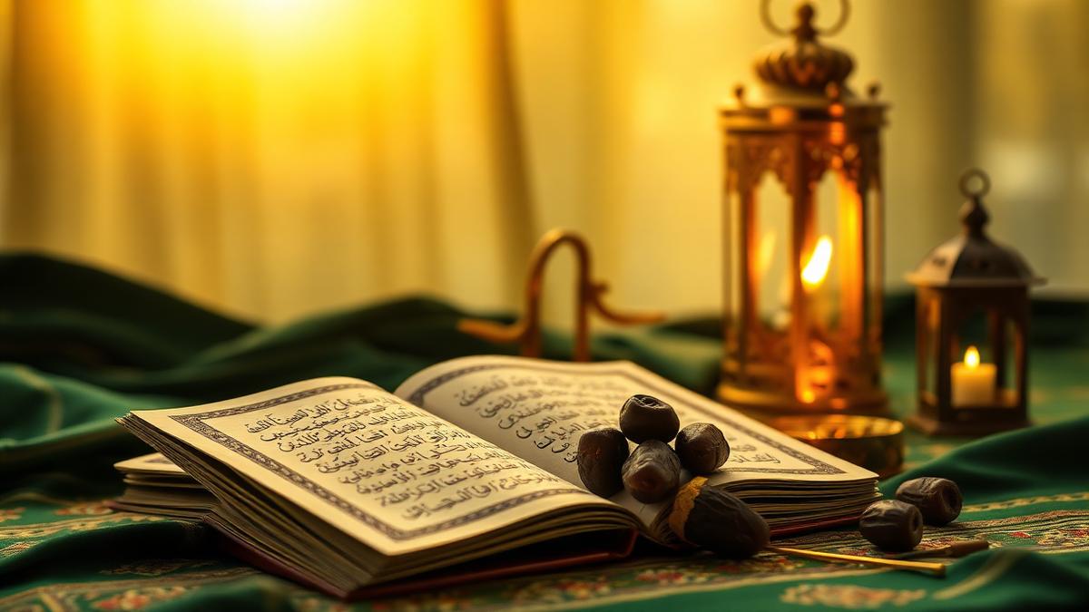 An open Quran with dates and a lantern in warm Ramadan light